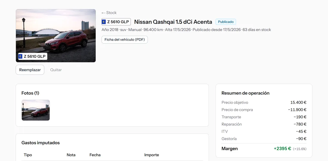 Captura real de la ficha de un vehículo en Conocar con datos de demostración: desglose de gastos y margen proyectado.