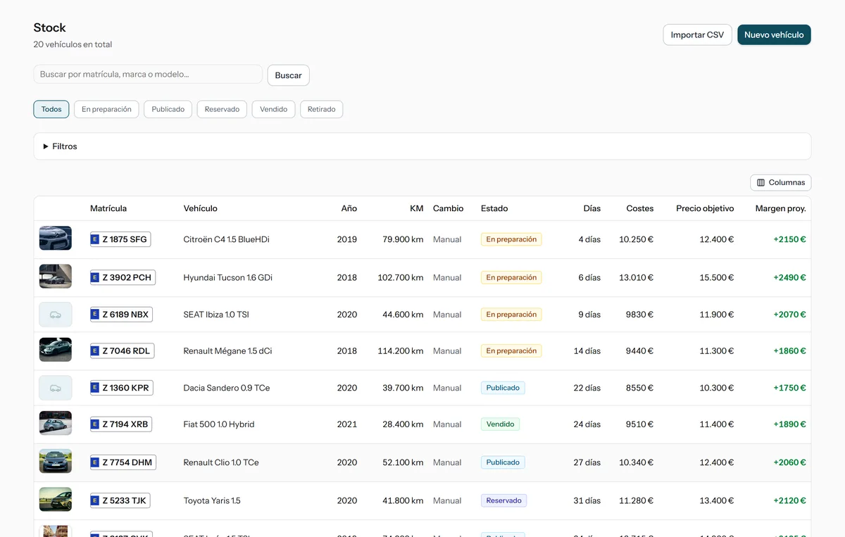 Captura real del listado de Stock en Conocar con datos de demostración: matrículas, estados, días en stock, costes y margen.